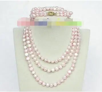 

Shipping >> new hot length 49" 8" 8-9mm baroque light pink pearls necklace 2row bracelet set j8474