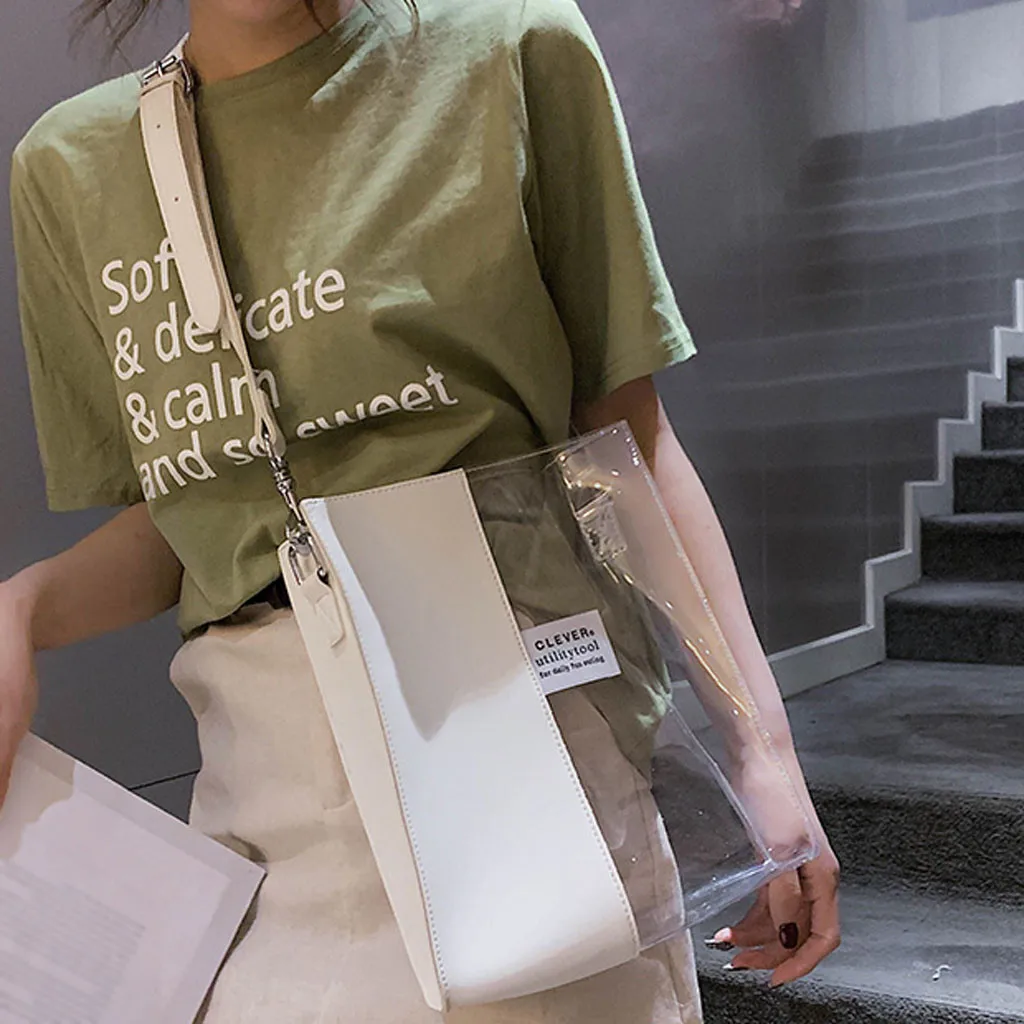 

Women's Fashion 2019 Transparent Handbag Contrast Color Stitching Large Capacity Bag Borsa a tracolla da donna Dropshipping#40