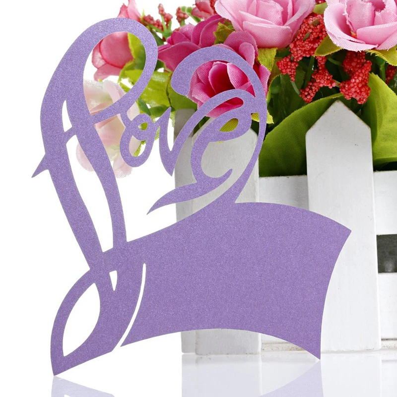 

KAZIPA 50PCS Love heart Wine Glass Place Card Table Mark Laser Cut Pear Name Place Paper Cards For Party Decoration Purple