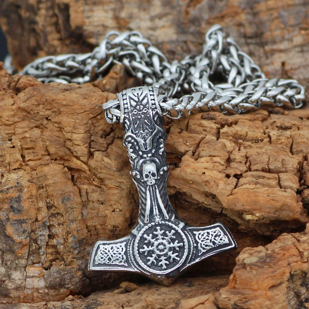 Скандинавский Викинг Mjolnir из нержавеющей стали Thor Hammer череп руля Awe ожерелье для