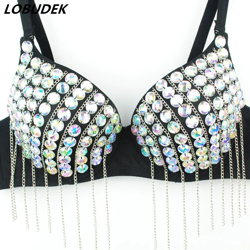 2015 sexy bra stage bra Autumn and winter metal chain gradient color diamond underwear gold