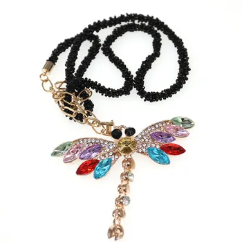 

Long black pearl Chain necklace with Rainbow color rhinestone stone dragonfly insects pendant jewelry