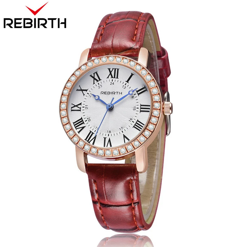 

REBIRTH Business Quartz Women Watches Ladies Leather Bracelet Diamond Wristwatches Clock Ceasuri Pulseira Feminina with Gift Box