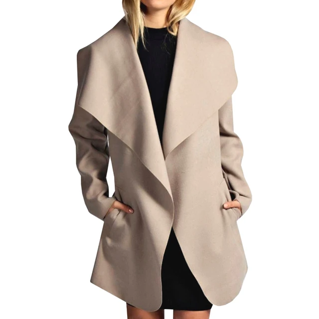 2018 Winter Coat Women Wide Lapel Belt Pocket Blend Coat Long Black