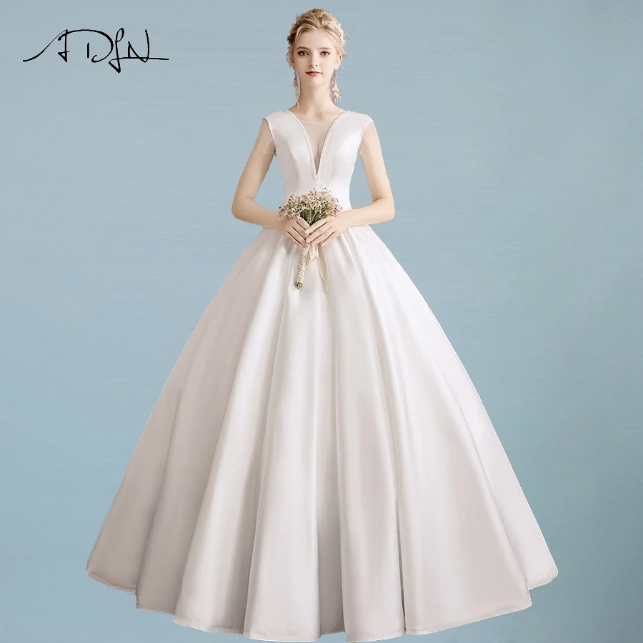 

ADLN Sexy V-neck Satin Simple Wedding Dresses Floor Length Ball Gown Plain Pockets Wedding Dress Back Lace-up Robe De Mariage