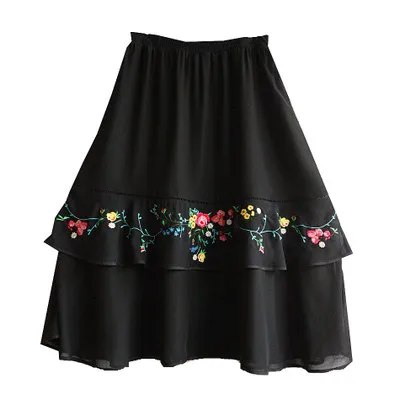 Линетт китайский стиль весна лето женская универсальная черная вышивка цветы элегантная Свободная шифоновая юбка - Цвет: Черный