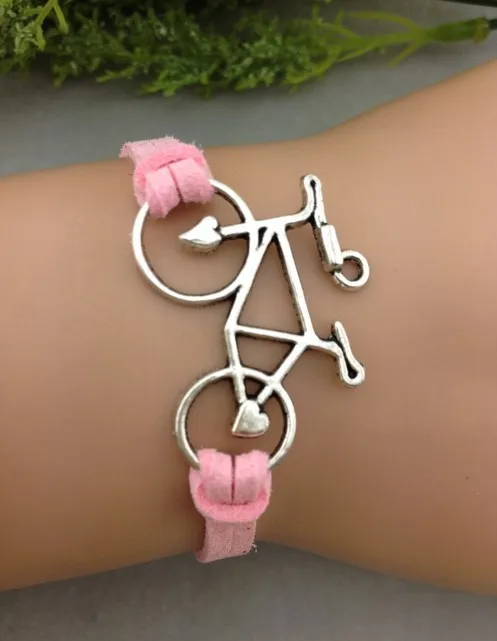 

1pc Bicycle bracelet- Silver Bicycle with Pink Flocking leather bracelet, bridesmaid bracelet, 1281