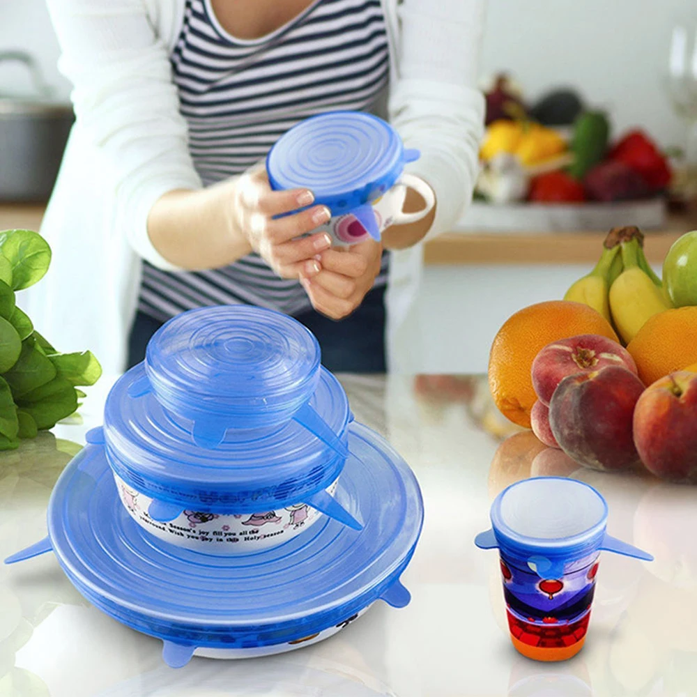 6Pcs Reusable Silicone Stretch Lid Food Pan Bowl Covers Wrap Keep Food