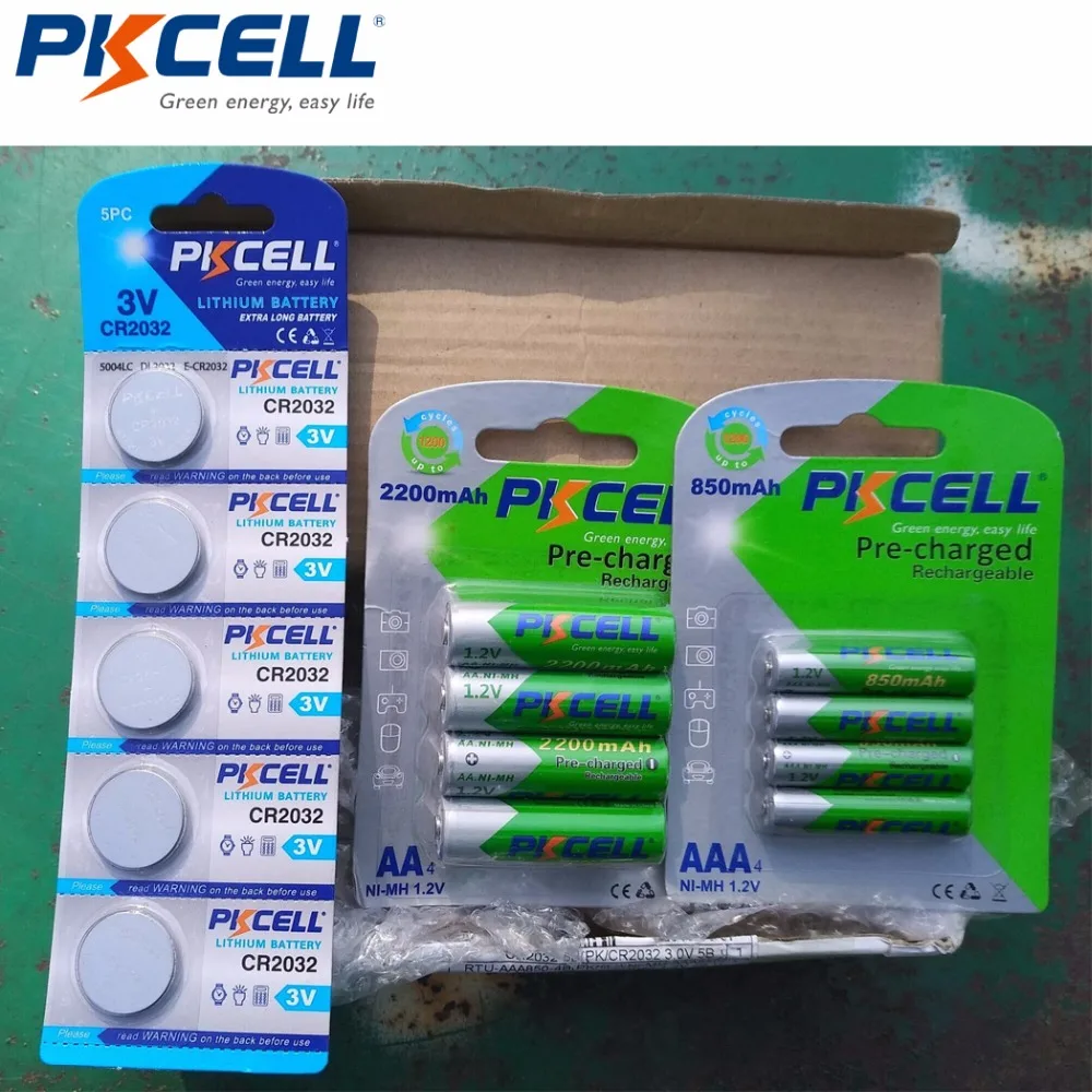 PKCELL 4 шт./карта NIMH AA 2200 мАч + ni mh AAA 850 1 2 в аккумуляторные батареи Baterias (5 шт. CR2032