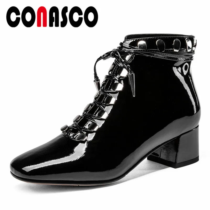 

CONASCO Punk Black Rivets Women Patent Leather Ankle Boots Corss-tied Martin Shoes Woman High Heeled Ladies Motorcycle Boots