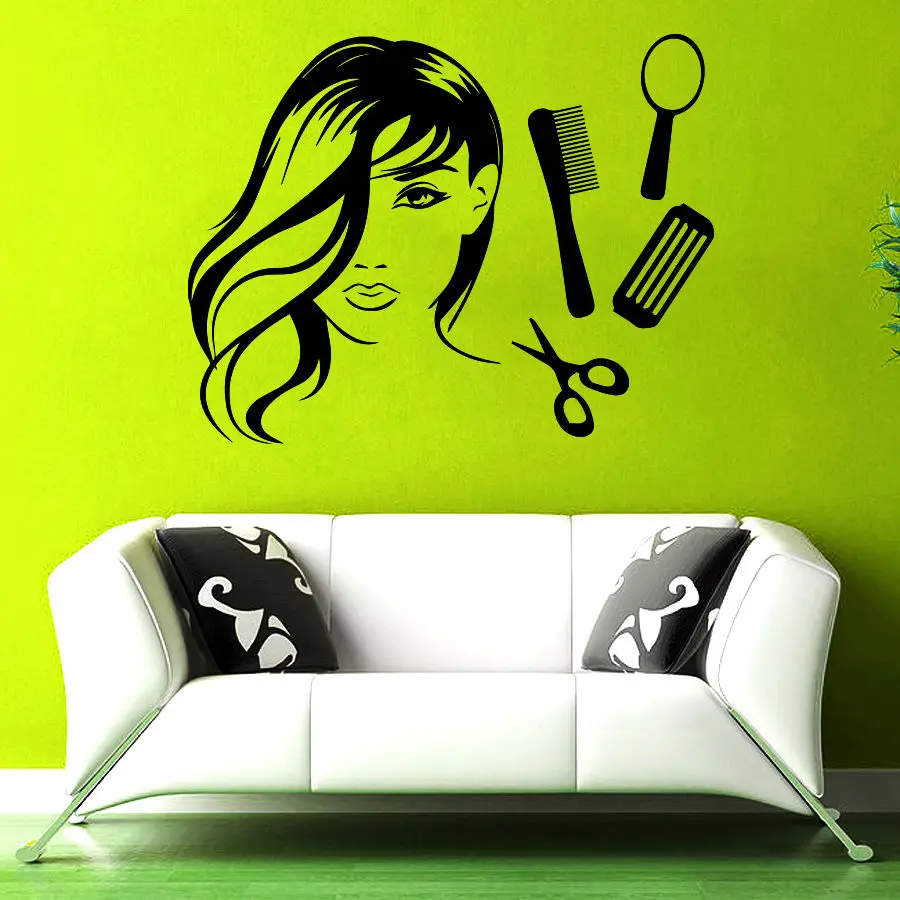 Wall Decal Girl Face Hair Scissors Comb Decor Beauty Salon Decals