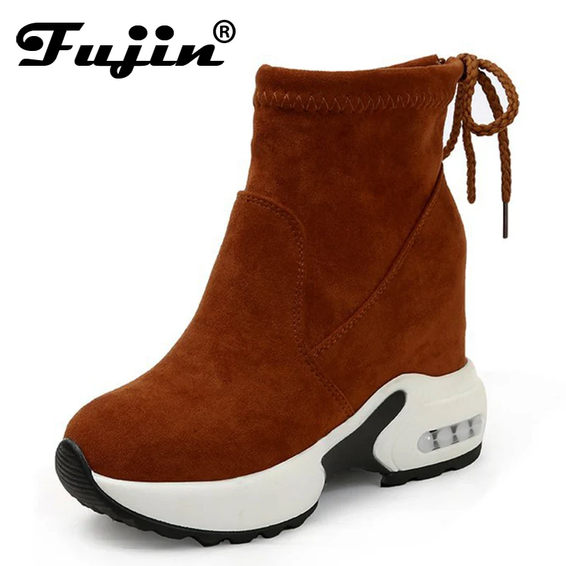 Fujin/женские ботинки на платформе; зимняя обувь на танкетке и высоком каблуке; сезон весна-осень; теплые женские ботинки; зимние ботинки на меху