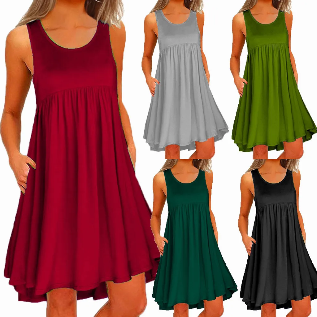 

Hot Sale Solid Color Dress Women O Neck Casual Lace Sleeveless Above Knee Dress Loose Party Mini Dress Vestito da donna robe #C