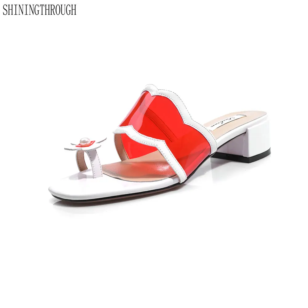 

Genuine leather slippers woman flower flip-flop summer shoes woman 4cm square high heels ladies sandas size 41 42 43