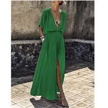 Новые летние женские платья Глубокий v-образный вырез с рукавом средней длины платья-вилки с завышенной талией белье серый зеленый светильник синий черный платье длиной до щиколотки