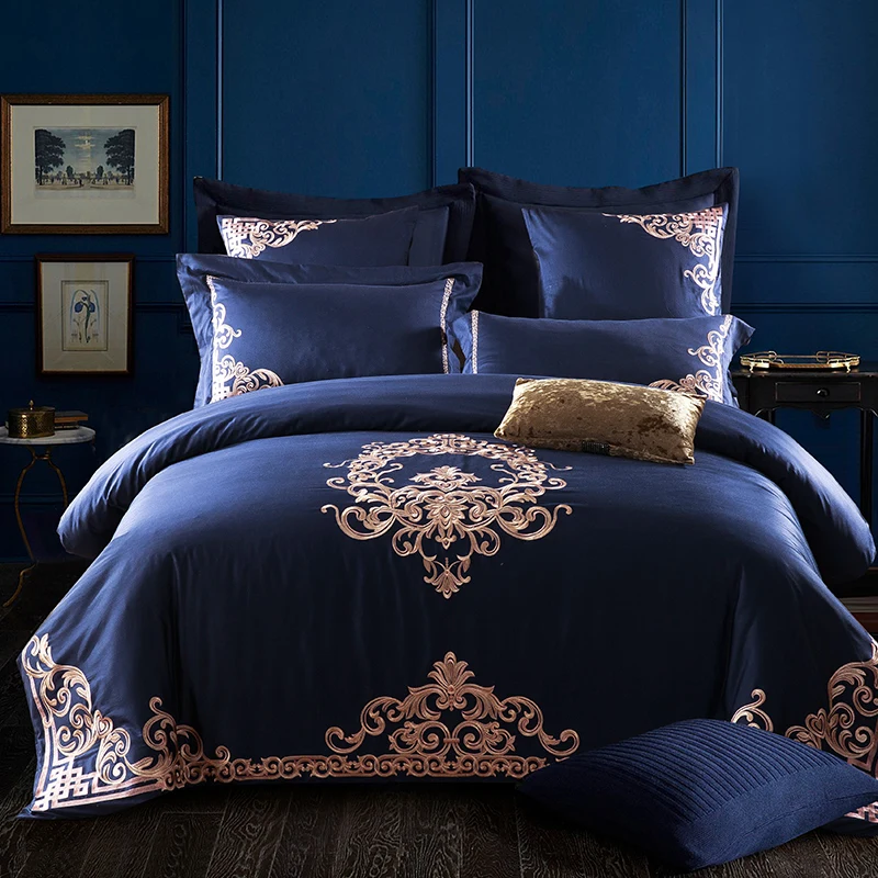 Waliicorners 60SEgyptian Cotton Embroidered Luxury Royal Bedding Set 4/6Pcs King Queen Size Duvet Cover Bed Sheet set Decorative Pillowcases 50 10