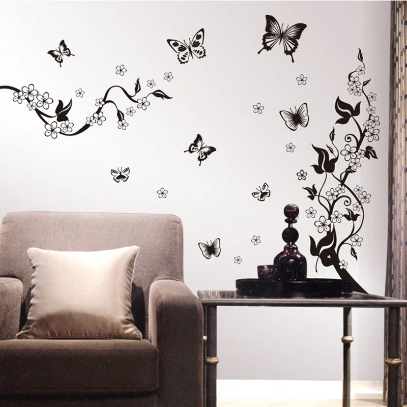 

3D lowest price calssic black butterfly flower Wall sticker home decor poster flora butterflies TV wall beautiful decoration