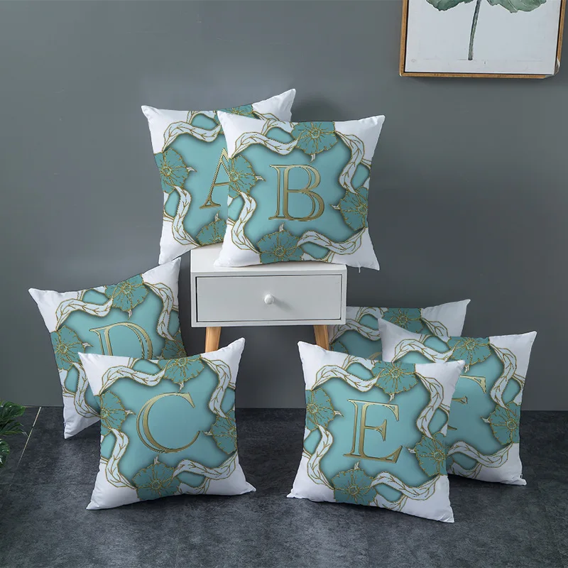 

Nordic style Home Decorative Pillow Cover Blue Embossed Flowers 26 English Letters Cushion Cover Hotel Cafe Car Seat Pillowcase