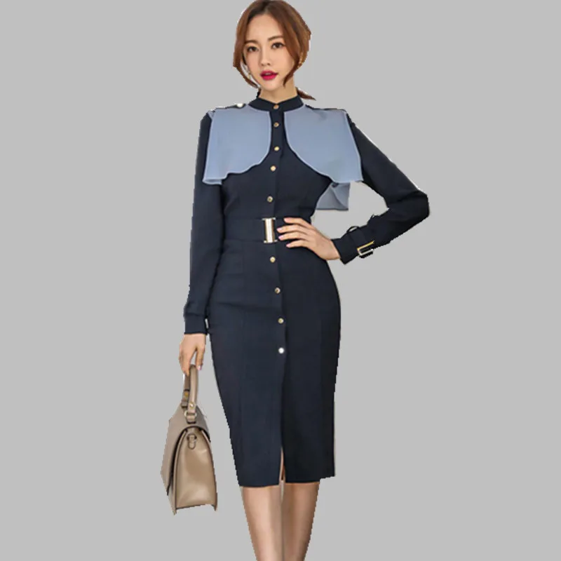 

New arrival Autumn And Winter Temperament OL Single-breasted Patchwork Korean Dress Ruffled Chic Dress vestidos