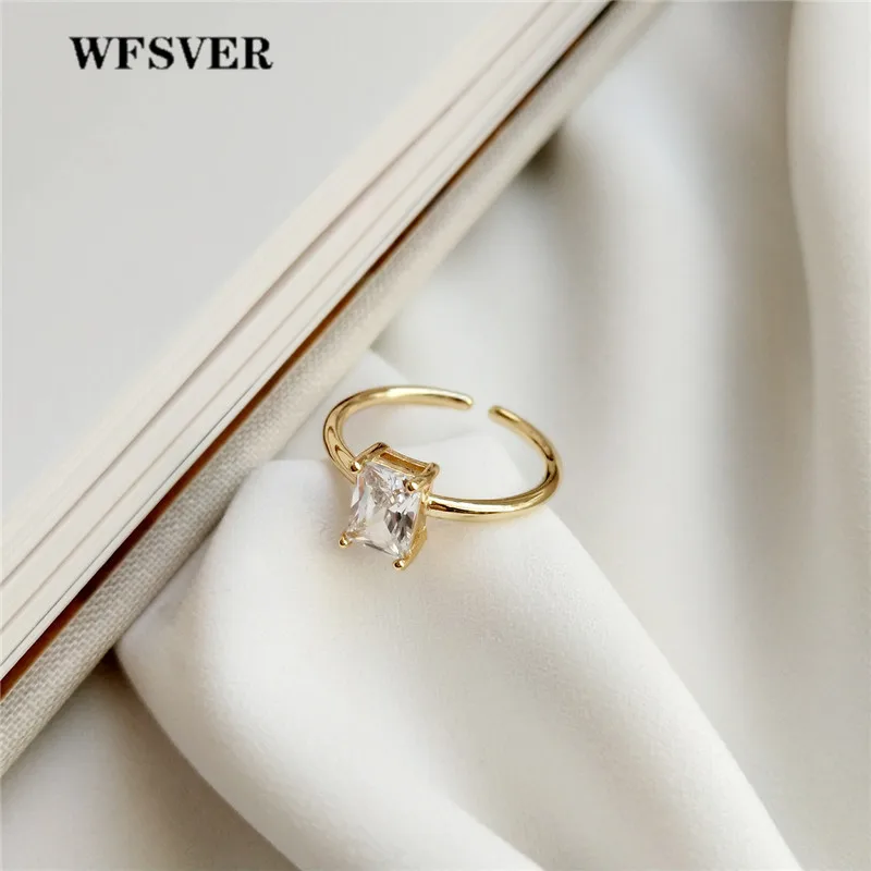 

WFSVER 925 sterling silver fashion ring for women gold color with Square crystal wedding ring opening adjustable fine jewelry