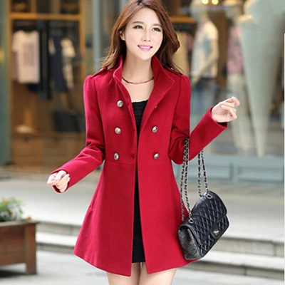 Осенне-зимнее женское ТРАПЕЦИЕВИДНОЕ пальто размера плюс, двубортное приталенное одноцветное пальто средней длины, женские куртки - Цвет: Red