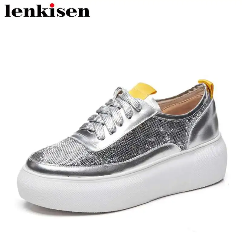 Zapatos Corea Genuino L15 Redonda Up Mujeres Cuero Niñas Alta Lenkisen Vulcanizados Negro Bling Lace plata Punta Inferior wqW1ng7z