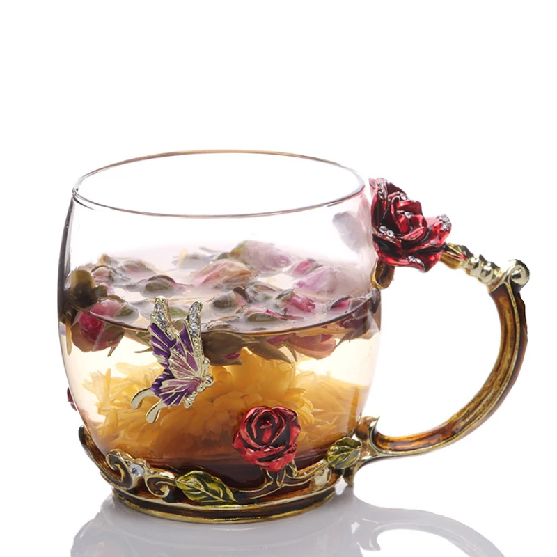 Красная Роза Хрустальная чашка бабочка цветок чай стекло для Кофе Чай Вода чашка с цветком рукоятка кружка для свадьбы подарки на день рождения