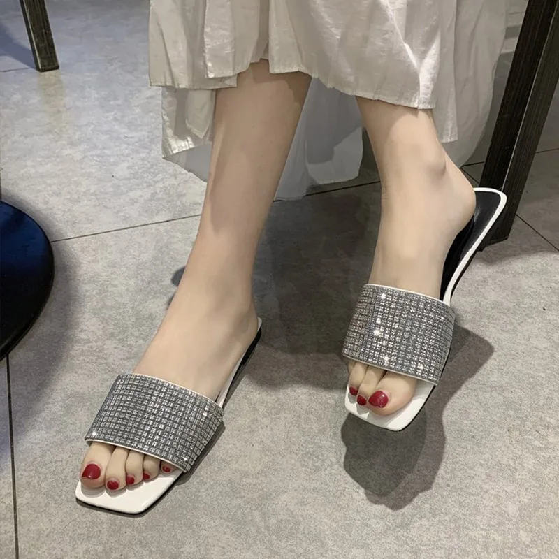 

Summer Women Slippers Flat Glitter Slides Square Open Toe Ladies Shoes Soft Comfortable Flip Flops Bling Casual Female Sandals