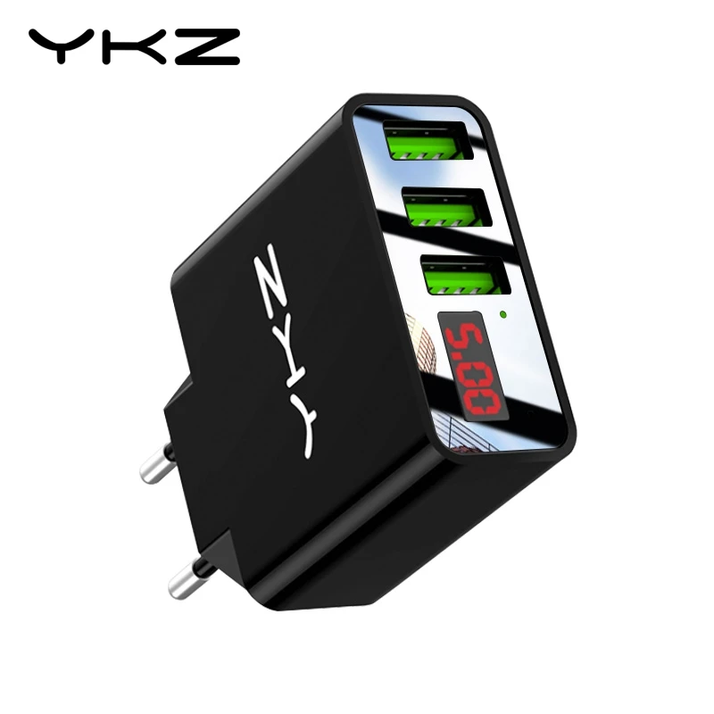 

YKZ EU US USB Charger 15W 3 Port LED Display Mobile Phone Charger Plug for iPhone Samsung Xiaomi Wall Travel Desktop Chargers