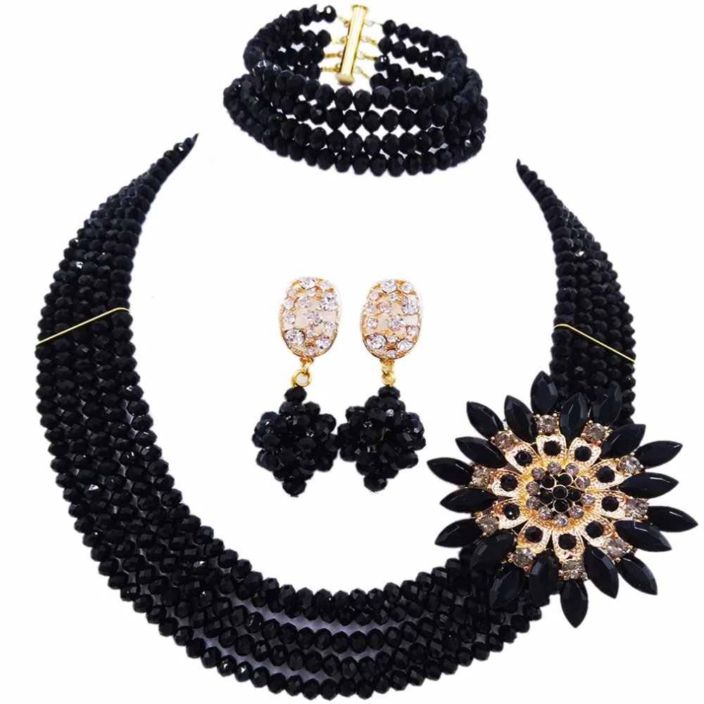 

Fashion Black Crystal Beaded Multi Strands Necklace Nigerian Wedding African Beads Jewelry Set for Women 5L-DS002