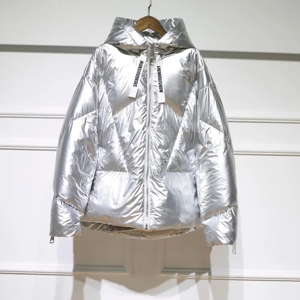 

2019 Winter Fashion Jackets Women Newest All-match Bright Silver Jackets with Hat Harajuku Short Length Down Bread service Coats