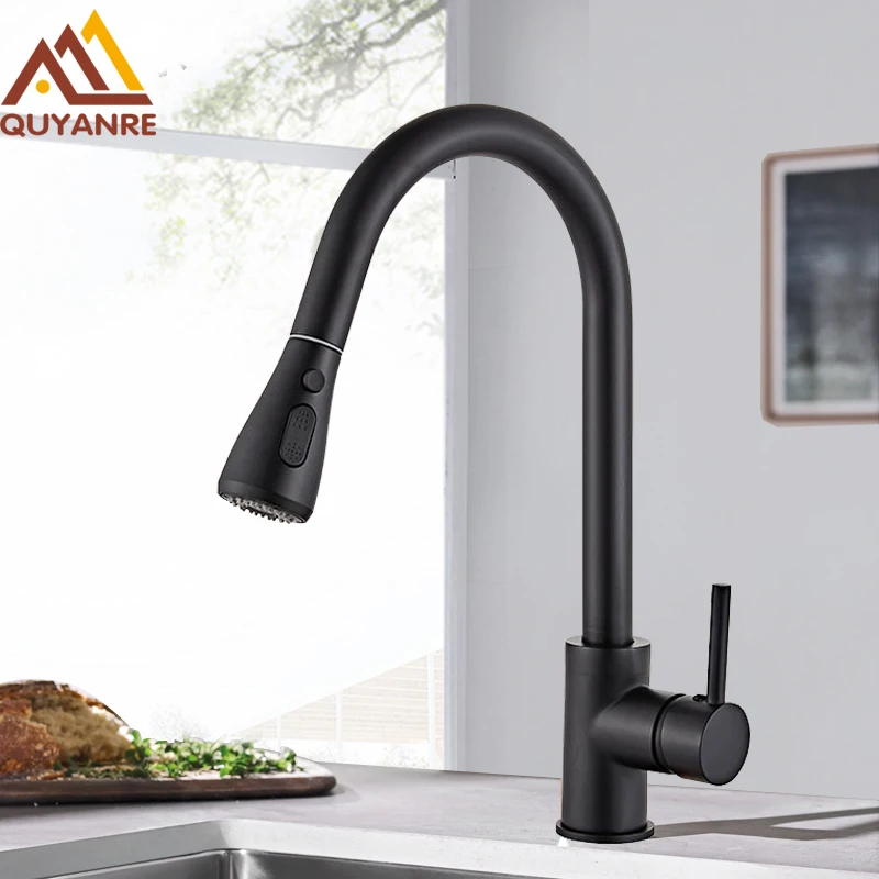 quyanre matte black pull out kitchen faucet single handle mixer tap 360 rotation with 3 way spray hot cold water mixer tap for kitchen tap41