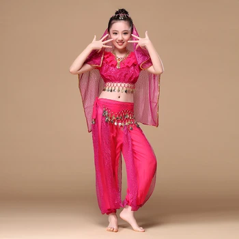 

2016 Sari Children Indian Dance 4-piece Costume Set (Top, Belt, Pants and Head Pieces) Bollywood Dance Costumes