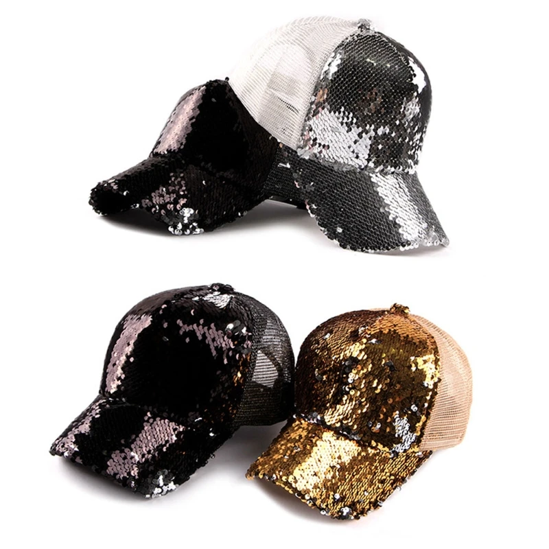 

Fashion Messy Bun Ponytail Reversible Magic Sequin Adjustable Baseball Cap
