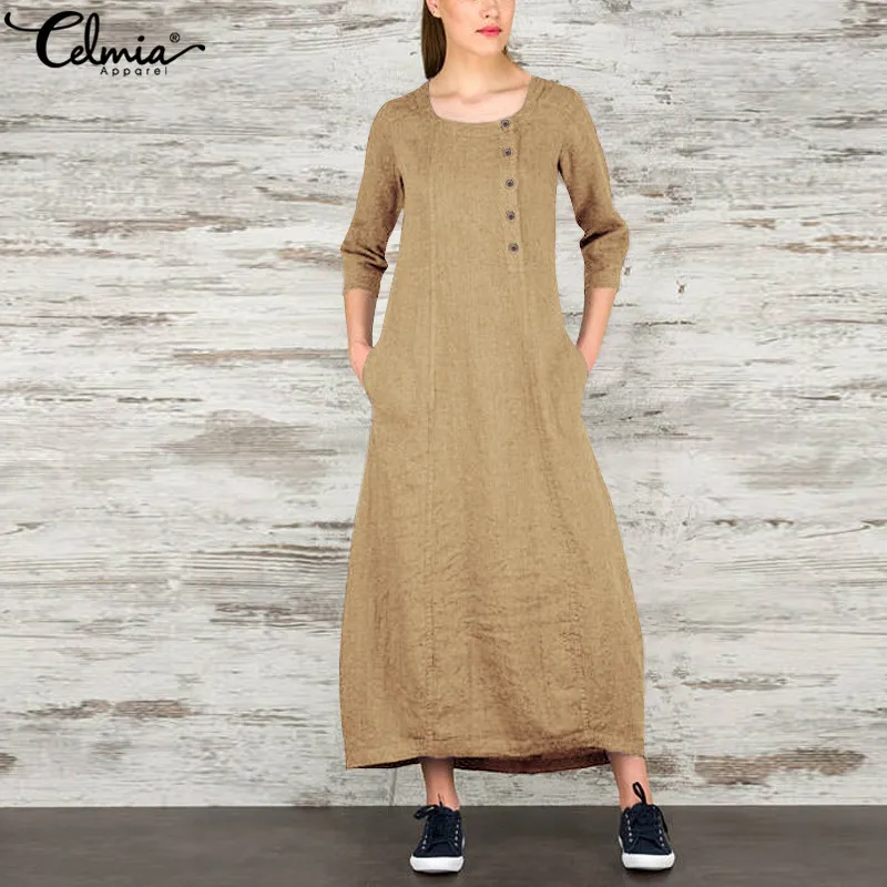 

Elegant Ladies Party Dress Celmia 2019 Autumn Women Casual Long Maxi Dress Buttons Loose Party Vestidos Robe Mujer Plus Size 5XL