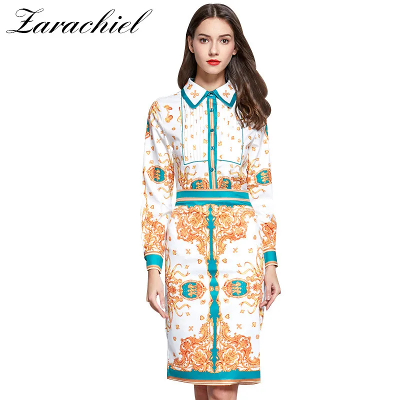 

2019 Women Summer Vintage Print Long Sleeve Shirt Blouse + Split Bodycon Skirt Suit Elegant Slim Casual Office Lady 2 Piece Set