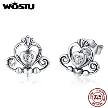 WOSTU, настоящее 925 пробы, Серебряное сердце, корона, сияющая принцесса, серьги-гвоздики для женщин, модные Оригинальные Серебряные вечерние ювелирные изделия CQE420