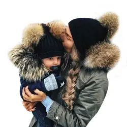 Зимние шапки для мам и детей 2018 года, меховые шапки с помпонами, вязаные шапочки шерстяные вязаные шапки с помпонами для маленьких
