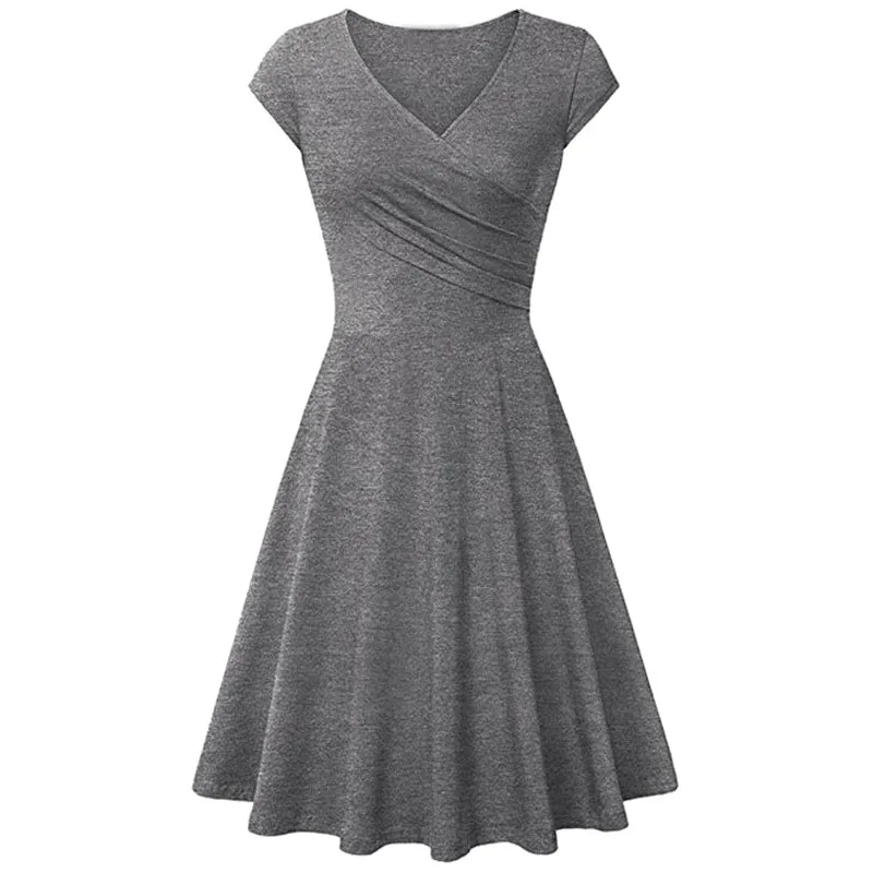 

Pleated Slim Summer Dress New V Neck Soft Short Sleeve Dress Elegant Fit And Flare Knee Length Cotton Dress Large Size Vestido
