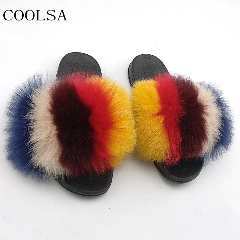 

Women's Summer Real Fox Fur Flip Flops Fluffy Striped Plush Slippers Women Slides Female Open Toe Fur Sandals Indoor Furry Shoes