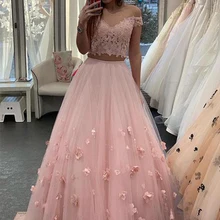Розовые платья из двух частей для выпускного вечера, длинные платья vestidos de gala, без рукавов, v-образный вырез, цветы, тюль, кружевное платье для выпускного вечера