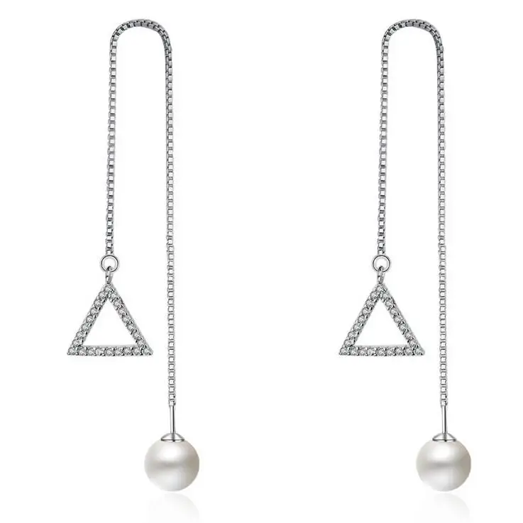 

2017 new arrival high quality fashion triangle shiny zircon Imitation pearl 925 sterling silver ladies`long drop earrings women