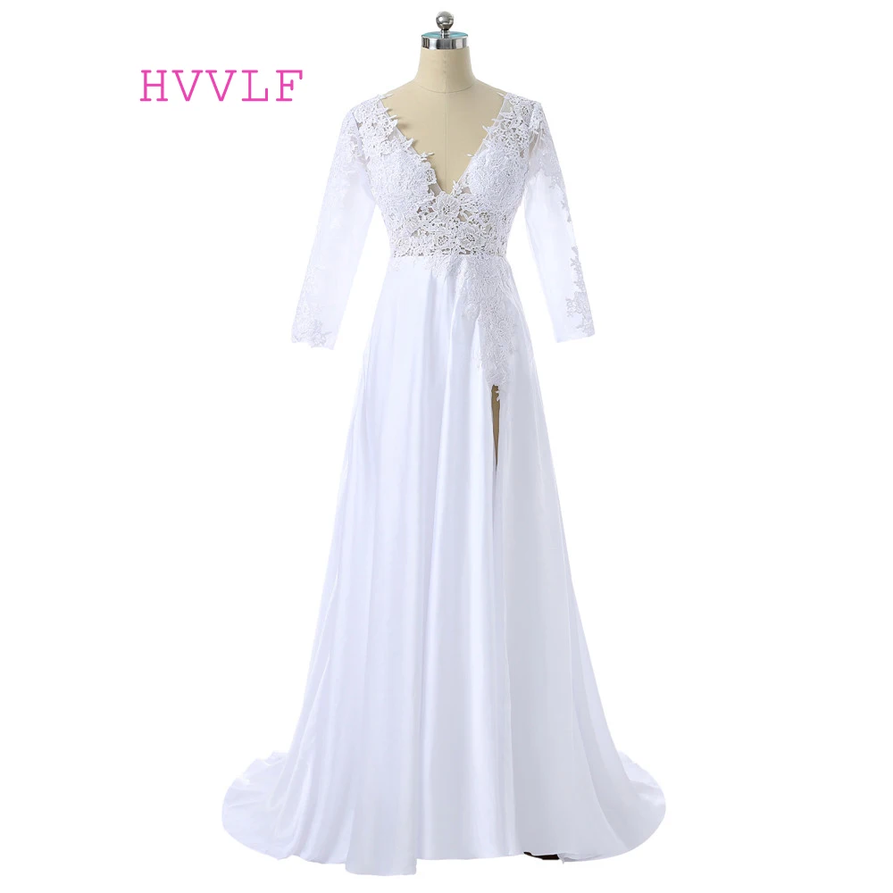 Открытая спина 2019 Vestidos De Novia Casamento Robe De A-Line v-образный вырез с длинным рукавом шифоновые кружевные пляжные свадебные платья свадебное платье