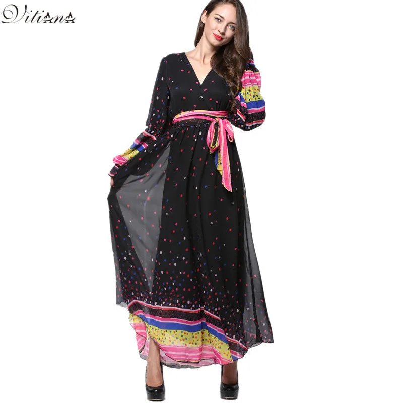  2017 Womens Summer Elegant Beach Chiffon Clothing Lantern Sleeve Print Dot Maxi Long Dress Plus Siz