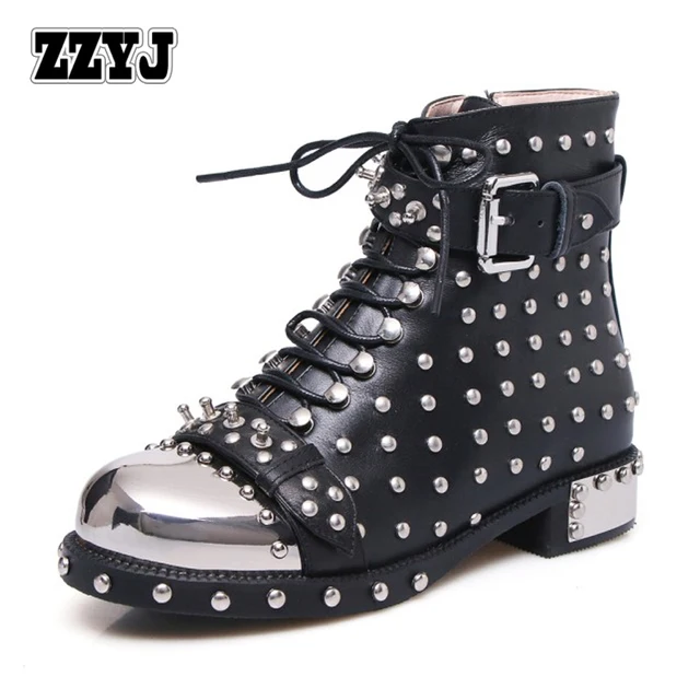 ZZYJ 813 Genuine Leather Martin boots Women's large size heavy boots Punk Rock metal rivet