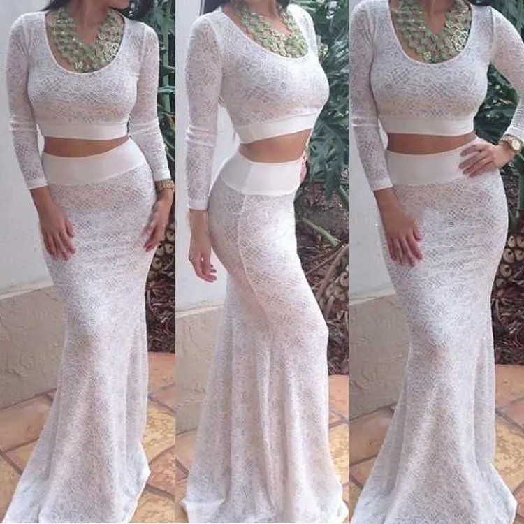 Celebrity white lace bodycon prom dress crop top two piece set cocktail