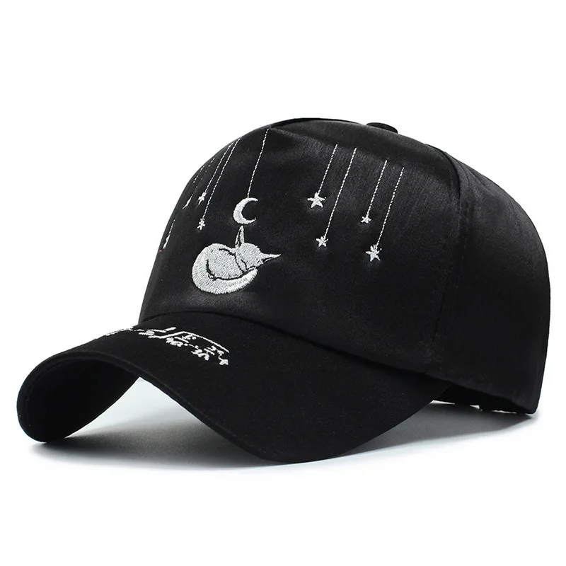 

Women's Mercerized Baseball Cap with Embroidered cartoon cat Star Moon Maths formula Pre-curved visor Adjustable Dad Hat Black