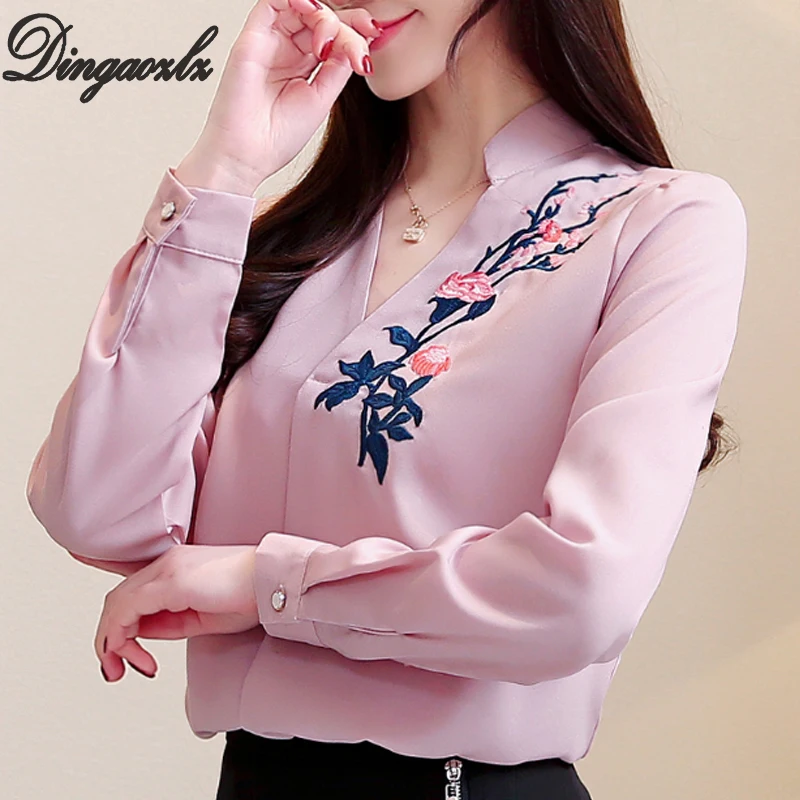 Dingaozlz blusas mujer 3XL плюс размеры костюмы Новый вышитые для женщин с длинным рукавом белая шифоновая майка офисные женские туфли Топы