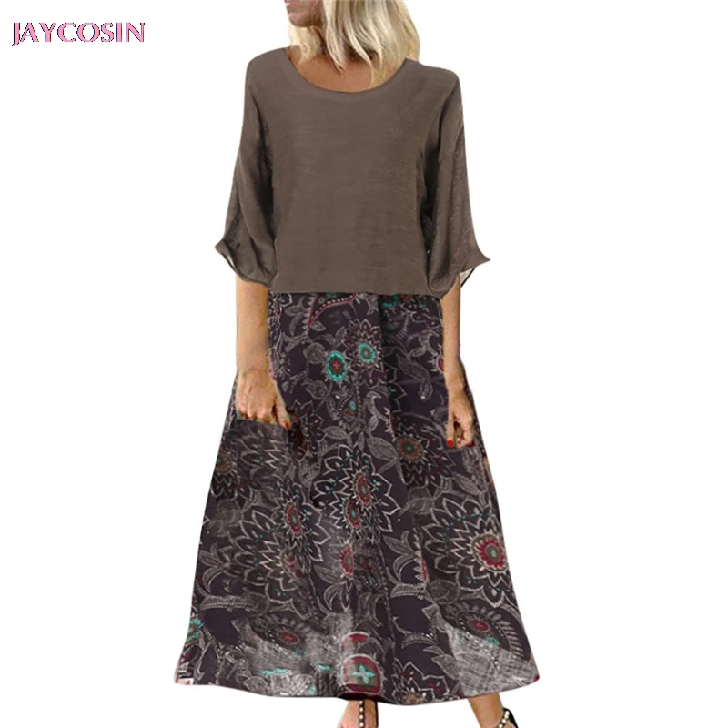 

JAYCOSIN 2019 Dress Women Leisure Neck Loose 3/4 Sleeve Vintage Casual Floral Print Charming Maxi Dress PLUS Size 3XL Drop #0604