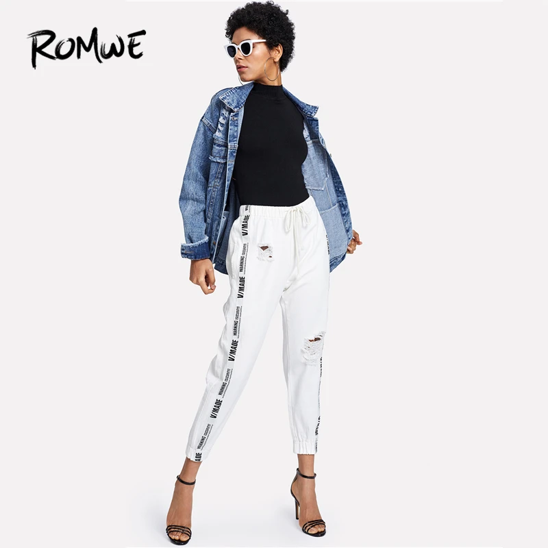 ROMWE Ribbon Letter Ripped Drawstring Denim Jeans 2018 Summer Autumn Women Beige Mid Waist Regular Female Casual Long Pants